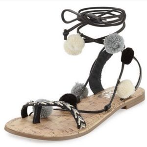 NWT Sam Edelman Pom-Pom Beaded Ankle Wrap Sandal